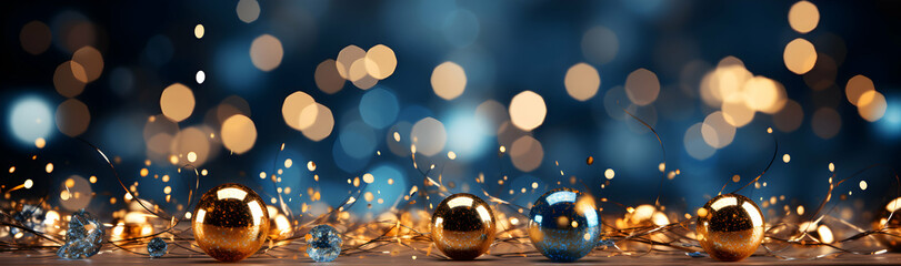 Magical moody golden baubles and glowing yellow Christmas stars, decoration for Christmas banner or advertising or Christmas card - obrazy, fototapety, plakaty