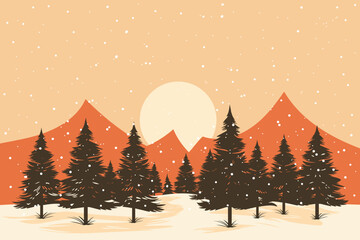 Naklejka premium Winter landscape in a simple cartoon style. Mountains, sunset, snowdrifts and trees in snowy weather. Design for Christmas or New Year card, poster, banner or cover.