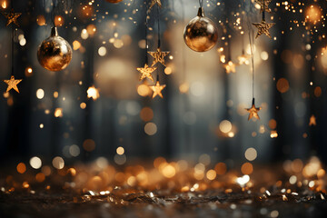 Magical moody golden baubles and glowing yellow Christmas stars, decoration for Christmas banner or...