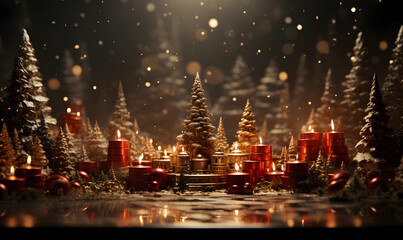Magical Christmas atmospheric scenery composed of small Christmas trees and Christmas gifts and red...
