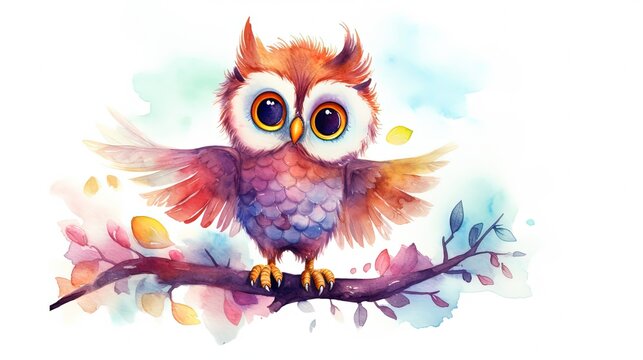 watercolor style illustration of happy baby owl in autumn forest garden, idea for home wall decor, kid room, Generative Ai