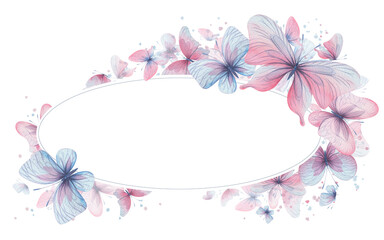 Butterflies are pink, blue, lilac, flying, delicate with wings and splashes of paint. Hand drawn watercolor illustration. Oval wreath, frame, template on a white background, for design
