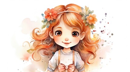 watercolor cartoon style illustration of young girl in flower blossom garden, whimsical fantasy atmosphere,  Generative Ai - 674789075