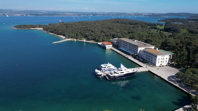 Aerial view of a small harbour on Veliki Brijun Island, Brijuni National Park, Istria, Croatia.