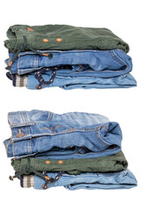 Stack of jeans clothes. Collage set of two stacks of jeans for kids isolated on a white background....