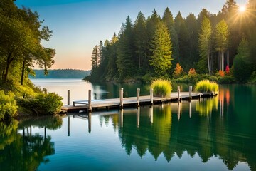 Obraz premium a weathered brown wooden dock becomes a stage for serenity - AI Generative