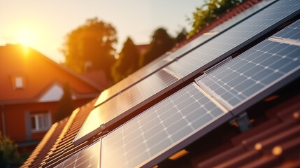 Nahaufnahme von Solarpanel auf einem Dach eines Einfamilienhauses im Sonnenuntergang. Umweltbewusst Energie sparen und die Kraft der Natur nutzen Einfamilienhaus - obrazy, fototapety, plakaty