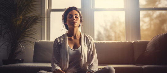 A woman practicing meditation, yoga, relaxation on her comfortable sofa in her calm and cosy home, with tranquility, peaceful mind, wellbeing and serenity - obrazy, fototapety, plakaty