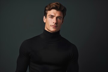 Obraz premium Stylish man in a turtleneck sweater, on a minimalistic simple bright background. generative AI