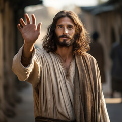 Representation of Jesus Christ waving his hand in a gesture of peace and tranquility. Jesus Christ waving to someone with a look of peace and love.