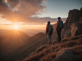 Fototapeta premium A romantic couple of hikers standing on the summit of a mountain, enjoying a breathtaking sunset view. AI generated