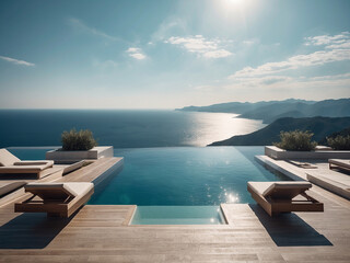 An infinity pool at a luxurious hotel, with an endless view of the horizon over the ocean. AI generated