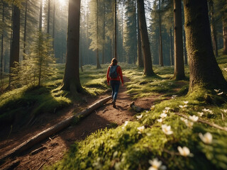 Fototapeta premium A serene forest scene with a hiker woman with red jacket walking away, creating a sense of adventure and tranquility. AI generated