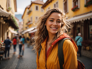 Fototapeta premium A portrait of a brown-haired woman smiling on the street, radiating happiness. AI generated