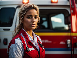 A portrait of a first aid woman, standing in front of her ambulance. AI generated