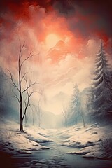 Winter landscape. River in the mountains at sunset. Generative Ai