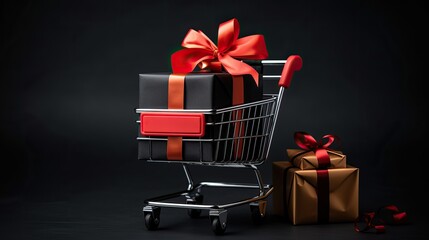 Shopping cart with many gift boxes gift box with red ribbon on dark black background, Black Friday concept, discount and sale, Grocery cart full of gift boxes