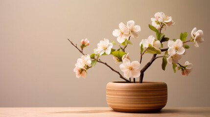 Wooden Pot With Cherry Blossom Flowers On A Table, Blank Neutral Wall Background, Home Decor