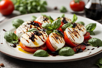 A refreshing Caprese salad with ripe tomatoes, mozzarella cheese, basil leaves, drizzled with balsamic glaze and olive oil, served on a white plate