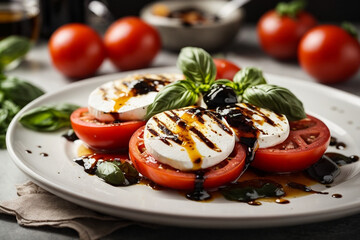 A refreshing Caprese salad with ripe tomatoes, mozzarella cheese, basil leaves, drizzled with balsamic glaze and olive oil, served on a white plate