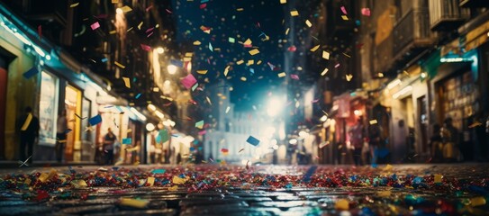 Multicolored confetti in the air on the street - obrazy, fototapety, plakaty