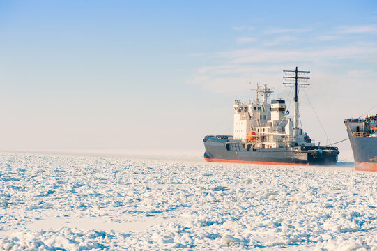 Winter shipping. Big cargo ships in frozen ice sea
