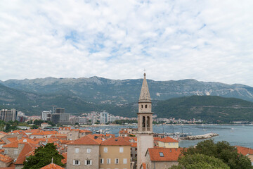  View of church tower in Budva, from citadel in old town, Montenegro. 