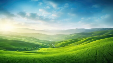 Fototapeta premium field meadow morning green landscape illustration sky rural, summer scenery, travel spring field meadow morning green landscape