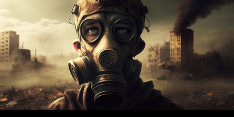 Person who uses a gas mask because they have just suffered a bacteriological war or deadly gases that are damaging the environment and it is not wise to breathe the air, they need to filter it - obrazy, fototapety, plakaty