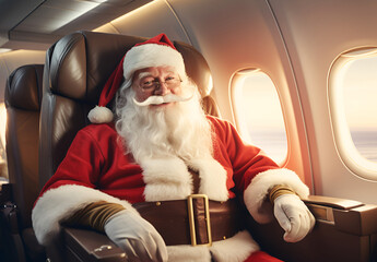 Santa Claus sitting in an airplane chair Flying for the Christmas holidays