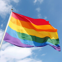 Flag of the lgbtq+ community on a sunny day and the blue sky in the background