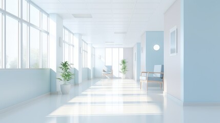 Fototapeta premium modern bright inside corridor background illustration office blur, blurry interior, hall hospital modern bright inside corridor background