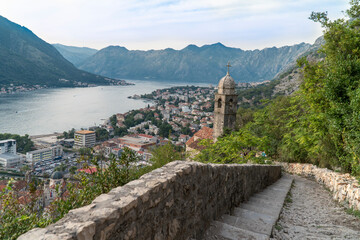 Fototapeta na wymiar View of the Old Town of Kotor from the stairs, ruins of an ancient fortress Kotor, Montenegro.