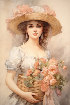 Watercolor image of a beautiful French woman from the 18th century with flowers