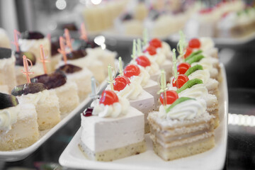 Cakes on a showcase in a restaurant
