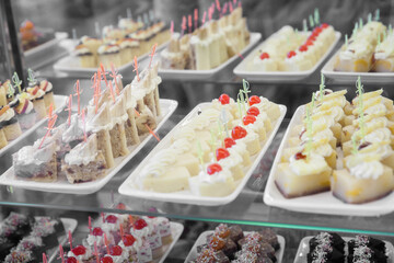 Cakes on a showcase in a restaurant