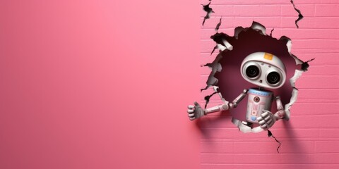 Cute robot toy peeking out of a hole in wall, torn hole, empty copy space frame, mockup. Generative AI image weber. - obrazy, fototapety, plakaty