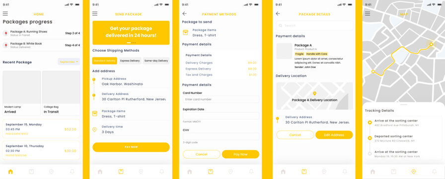 Parcel Tracking Service, Send box and boxes & Package Courier Delivery Mobile App UI Kit Template