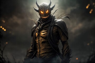 A scary scarecrow monster at night illuminated by moonlight