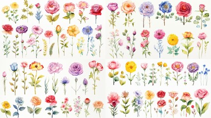 watercolor illustration of rose branch and other flowers collection set, Generative Ai