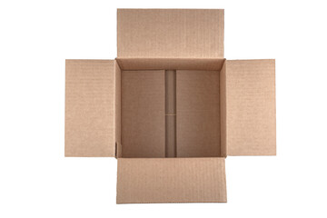 Opened cardboard box for parcels isolated on white background, top view
