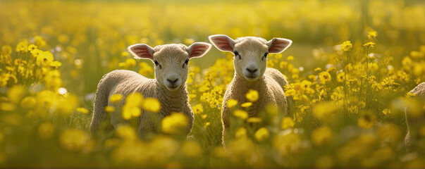 Two sheep in the meadow full of yellow flowers. Space for description. generative ai - obrazy, fototapety, plakaty