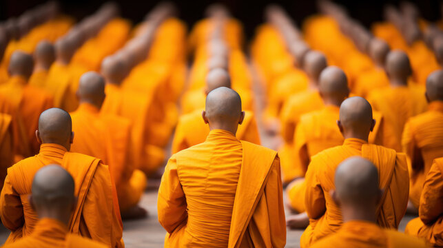 Group Of Buddhist Monks In Orange Robes Meditating