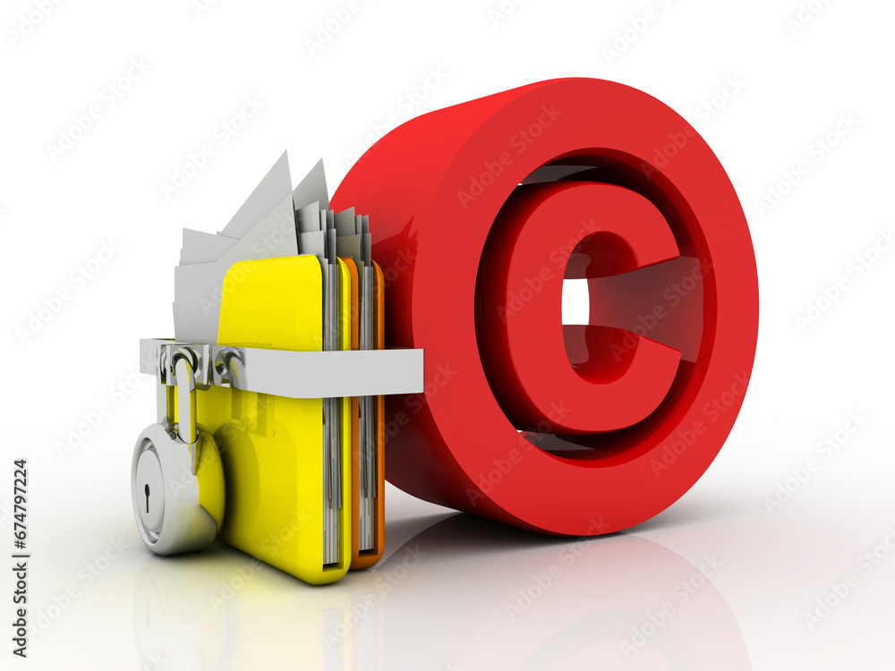 Poster 3d rendering folder protected lock near copyright