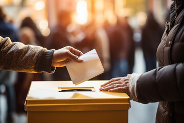 Close-up of man's hand putting envelope in the ballot box - obrazy, fototapety, plakaty