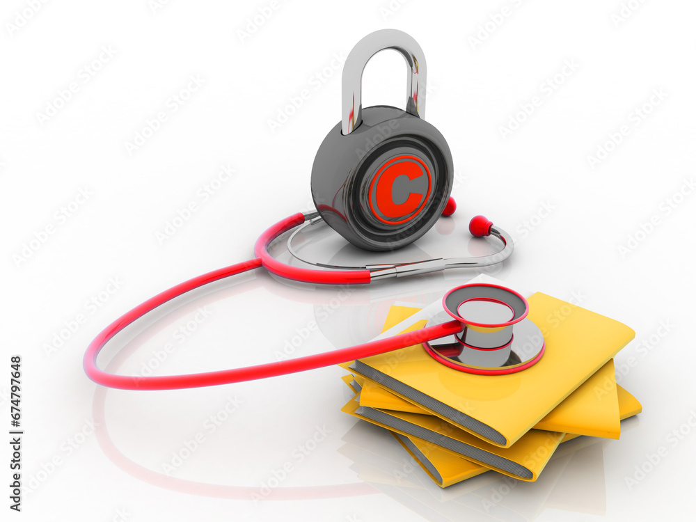 Poster 3d rendering yellow folder and lock connected stethoscope. data security concept
