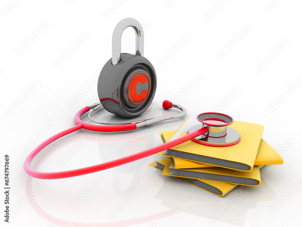 Poster 3d rendering yellow folder and lock connected stethoscope. data security concept