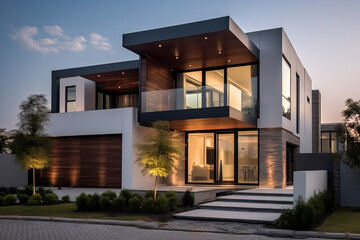 Exterior of modern house with garage and pool. 3d rendering