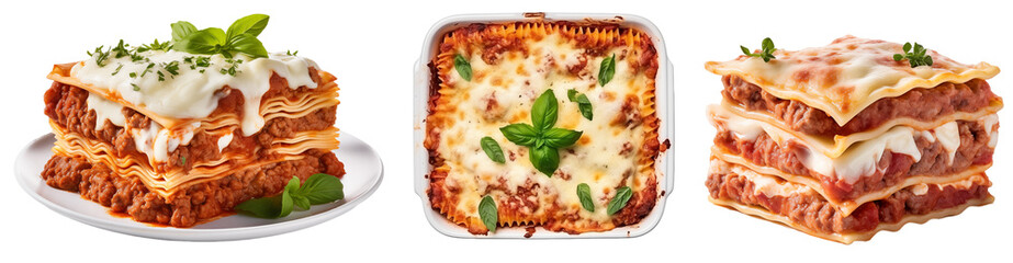 Pasta collection with three lasagna al forno (on plate, in casserole, single piece) isolated on white background, AI generated food bundle - Powered by Adobe