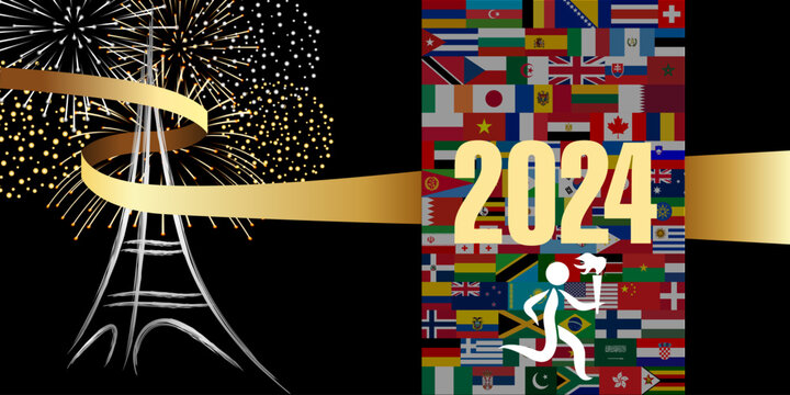 2024 - Bonne nouvelle année sous le signe des jeux en France, avec la tour Eiffel, un feux d’artifice et les drapeaux des participants aux épreuves sportive.